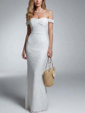 Off-Shoulder White Lace Evening Gown